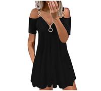 Sommerkleid Damen Kurz - Schwarzes Minikleid Damen Kleid Schulterfrei Minirock Kurz Freizeitkleid Glitzer V-Ausschnitt Cocktailkleid Boho Skaterkleid Rock Punkte Sweatkleider Elegant Ballkleid