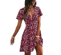 Sommerkleid Damen Kurz Tailliert Blumen Kleider Kurzarm mit Ärmel Wickelkleid Elegant A-Linie V Ausschnitt Kleid Damen Sommer Geblümt Sommerkleider Leicht und Luftig Damenkleider Floral Party