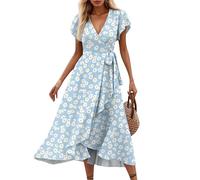 Sommerkleid Damen Kurzarm Casual V-Ausschnitt Blumendruck Kleider Strandkleider Sexy Schlitz Midikleid Cocktailkleid Partykleid mit Gürtel