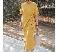 Sommerkleid Damen Kurzarm Rundhals Freizeitkleid mit Lockeres Jersey-Kleid für Urlaub Strand Alltag M-3XL(Yellow XXL)