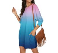 Sommerkleid Damen Lässig Rundhals Langarm Einfarbiges Minikleid mit Taschen Lockerer Schnitt Weiches Alltagskleid Bequemes Luftiges Taugliches Pulloverkleid Leichtes Freizeitkleid(Himmelblau,M)