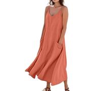 Sommerkleid Damen Lang A Linie Elegant Trägerkleid Locker Boho Kleid Mit Taschen Strandkleid Baumwolle Leinen Sommerkleider Leicht Und Luftig Spaghettiträger Maxi Kleider Frauen V Ausschnitt