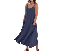 Sommerkleid Damen Lang A Linie Elegant Trägerkleid Locker Boho Kleid Mit Taschen Strandkleid Baumwolle Leinen Sommerkleider Leicht Und Luftig Spaghettiträger Maxi Kleider Frauen V Ausschnitt