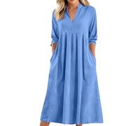 Sommerkleid Damen Lang A Linie Kleid Mit Taschen Sommer 3/4 Ärmeln Midi Leichte Sommerkleider Damen V Ausschnitt Kleider Lockers Midikleid Elegant Strandkleid Luftig Tunikakleid Frauen Lässig