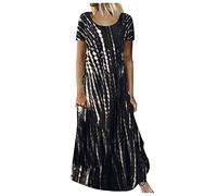 Sommerkleid Damen Lang A-Linie Muster Sommerkleider Leicht und Luftig Maxikleid Sommer Kurzarm Tie Dye Kleider Elegant Maxi Kleid Frauen mit Ärmel Schlange Strandkleid Locker Rundhals