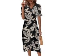 Sommerkleid Damen Lang,A-Linien-Midikleid Ärmellos Boho Kleidung Blumendruck Kurzarm Wickelkleid Partykleid Elegant A Linie Sommer Kleid Strandkleid Leicht LuftigFreizeitkleider(Khaki,XL)