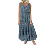Sommerkleid Damen Lang Ärmellos Tankkleid Blumen Druck Strandkleid Locker Rundhals A-Linien Kleid Große Größen Maxi Freizeitkleid Partykleid Urlaubskleid Skaterkleid Knöchellang Maxikleid