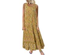 Sommerkleid Damen Lang Ärmellos Tankkleid Blumen Druck Strandkleid Locker Rundhals A-Linien Kleid Große Größen Maxi Freizeitkleid Partykleid Urlaubskleid Skaterkleid Knöchellang Maxikleid