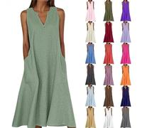 Sommerkleid Damen Lang,Ärmellose Maxikleid V-Ausschnitt Tankkleid Strandkleider Hohe Taille Lange Lockere Knielang Kleid Elastischer Taille Basic Solide Freizeitkleid T Shirt Tunikakleid mit Taschen