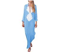 Sommerkleid Damen Lang Baumwolle Leinen A-Linien Kleid Langarm Maxikleid mit V-Ausschnitt Lässig 3D-Druck Strandkleid Knöchellang Freizeitkleid Locker Partykleid Urlaubskleid Skaterkleid