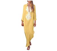 Sommerkleid Damen Lang Baumwolle Leinen A-Linien Kleid Langarm Maxikleid mit V-Ausschnitt Lässig 3D-Druck Strandkleid Knöchellang Freizeitkleid Locker Partykleid Urlaubskleid Skaterkleid