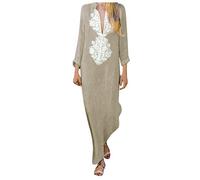 Sommerkleid Damen Lang Baumwolle Leinen A-Linien Kleid Langarm Maxikleid mit V-Ausschnitt Lässig 3D-Druck Strandkleid Knöchellang Freizeitkleid Locker Partykleid Urlaubskleid Skaterkleid