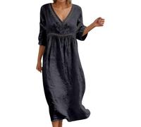 Sommerkleid Damen Lang Boho Elegant 3/4 Arm Maxikleid Baumwolle Leinen Freizeitkleid Bohemian Sommerkleider Leicht Und Luftig Blusenkleid Strandkleid Leinenkleider A-Linie Hohe Taille Strandkleid
