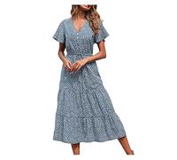 Sommerkleid Damen Lang - Boho Kleid Damen V Ausschnitt - Strandkleid Damen Sommer Kurzarm Blumenkleid Sexy Maxikleid mit Knöpfen Blumen Druck Lace Up Lässiges Swing Langes Kleider Festlich Elegant