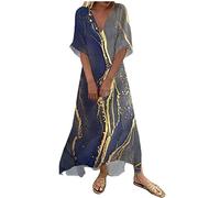 Sommerkleid Damen Lang Casual Maxikleid Tie dye Freizeitkleid Kurzarm V-Ausschnitt Strandkleid Große Größen A-Linien Kleid Knöchellang Sommerkleider Partykleid Urlaubskleid Locker Tshirtkleid