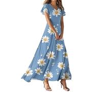 Sommerkleid Damen Lang Chiffon Geblümt Maxikleid Elegant Italienische Kleider Maxi A Linie Sommerkleider Leicht Und Luftig Chiffonkleid Frauen Sommer Blumen V Ausschnitt Kleid Flatterärmel