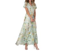 Sommerkleid Damen Lang Chiffon Geblümt Maxikleid Elegant Italienische Kleider Maxi A Linie Sommerkleider Leicht Und Luftig Chiffonkleid Frauen Sommer Blumen V Ausschnitt Kleid Flatterärmel