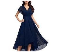 Sommerkleid Damen Lang, Chiffon Kleid Damen V-Ausschnitt,Abendkleid Damen Elegant Maxikleid Einfarbig Tunika Swing Lange Kleider Festlich Chiffonkleid Partykleid Cocktailkleid Freizeitkleid für Fauen