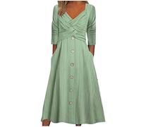 Sommerkleid Damen Lang Einfarbige A-Linien Kleid Kurzarm V-Ausschnitt Midikleid Plus Size Blusenkleid Partykleid Strandkleid Urlaubskleid Freizeitkleid mit Knöpfe Skaterkleid Hemdkleid