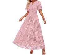 Sommerkleid Damen Lang Elegant Blau - Sommerkleider Damen Leicht Und Luftig Lange A-Linie Freizeitkleid Kurzarm V-Ausschnitt Strandkleid Vintage Kleider Einfarbig Abendkleider Dresses for Women