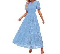 Sommerkleid Damen Lang Elegant Blau - Sommerkleider Damen Leicht Und Luftig Lange A-Linie Freizeitkleid Kurzarm V-Ausschnitt Strandkleid Vintage Kleider Einfarbig Abendkleider Dresses for Women