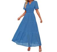 Sommerkleid Damen Lang Elegant Blau - Sommerkleider Damen Leicht Und Luftig Lange A-Linie Freizeitkleid Kurzarm V-Ausschnitt Strandkleid Vintage Kleider Einfarbig Abendkleider Dresses for Women