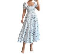 Sommerkleid Damen Lang Elegant Blumenkleid Festlich Gesmoktes Kleid mit Ärmel Kurzarm Kleider Sommer A Linie Tailliert Italienische Sommerkleider Damen Leicht Und Luftig Maxikleid Strand Geblümt