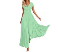 Sommerkleid Damen Lang Elegant Chiffon Kleid Hochzeitsgast Damen Curvy Sommer Maxikleid mit Ärmeln Sommerkleider Leicht Und Luftig Maxi Taillierte Kleider A Linie V Ausschnitt Chiffonkleid