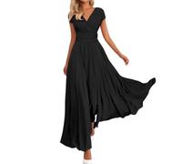 Sommerkleid Damen Lang Elegant Chiffon Kleid Hochzeitsgast Damen Curvy Sommer Maxikleid mit Ärmeln Sommerkleider Leicht Und Luftig Maxi Taillierte Kleider A Linie V Ausschnitt Chiffonkleid