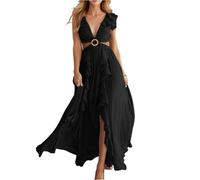 Sommerkleid Damen Lang Elegant Cocktailkleid Rückenfrei V Ausschnitt Maxikleid Sexy Party Ballkleid Mit Schlitz Abendkleider Leicht Strandkleid Luftig Cut Out Kleider Frauen A Linie Rüschen