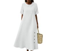 Sommerkleid Damen Lang Elegant Kleider Sommer Tunika Kleid A Linie Kurzarm Strandkleid mit Kragen Vintage Blusenkleid Baumwolle Leinen Maxikleid mit Knopfleiste Sommerkleider Leicht