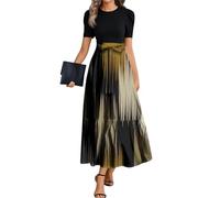 Sommerkleid Damen Lang Elegant Maxikleid Sommer Kurzarm Plissee Kleider Frauen Lässig Kleid A Linie Rüschen Patchwork Sommerkleider Leicht Und Luftig Party Strandkleid Hohe Taille Mit Gürtel