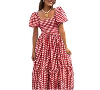 Sommerkleid Damen Lang Elegant Puffärmel Midikleider Damen Sommer A Linie Kleider Quadratischer Kragen Sommerkleider Frauen Leicht Und Luftig Strandkleid Kariert Damenkleider Schwingen Casual