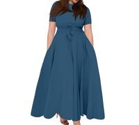 Sommerkleid Damen Lang Elegant Sommerkleider Leicht Und Luftig Große Größen Kleid Sommer A Linie Tailliert Maxikleider mit Taschen Casual Kleider Für Mollige Frauen Strandkleid mit Gürtel