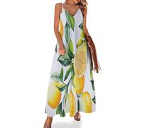 Sommerkleid Damen Lang Elegant Träger Kleid,V-Ausschnitts A-Linie Strandkleider, Aquarell Zitrone Maxikleid Leicht Und Luftig Elegant Grüne Blätter Festliche Kleider