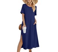 Sommerkleid Damen Lang Elegant Tunika Kleid Damen Sommer Einfarbig Kleider Frauen Locker Sommerkleider Leicht und Luftig Strandkleid mit Ärmeln Maxikleid Große Größen Freizeitkleider A-Linien