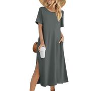 Sommerkleid Damen Lang Elegant Tunika Kleid Damen Sommer Einfarbig Kleider Frauen Locker Sommerkleider Leicht und Luftig Strandkleid mit Ärmeln Maxikleid Große Größen Freizeitkleider A-Linien