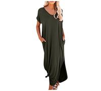 Sommerkleid Damen Lang Elegant Tunika Kleid Damen Sommer Einfarbig Kleider Frauen Locker Sommerkleider Leicht und Luftig Strandkleid mit Ärmeln Maxikleid Große Größen Freizeitkleider A-Linien