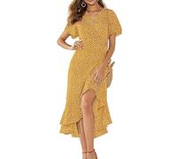 Sommerkleid Damen Lang Elegant Wickelkleid Sommer Blumen Muster Kleid A Linie mit Ärmel Gürtel Sommerkleider Leicht Und Luftig Maxikleid Damen Kurzarm Strand Kleider Sommer V Ausschnitt Maxi