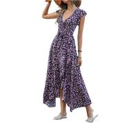 Sommerkleid Damen Lang Elegant Wickelkleid Sommer Blumen Muster Kleid A Linie mit Ärmel Gürtel Sommerkleider Leicht Und Luftig Maxikleid Damen Kurzarm Strand Kleider Sommer V Ausschnitt Maxi