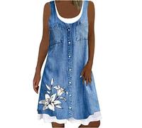Sommerkleid Damen Lang Faux Denim Tank Kleid äRmellos Weites Halfter U-Ausschnitt Lose Midi Kleid Knopftasche GeschmüCkt Knielang Blumendruck Casual Holiday Strandkleid Frauen MäDchen Sommer Dress