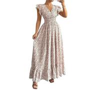 Sommerkleid Damen Lang Geblümt Blumenkleid Elegant A Linie Tailliert Kleider Mit Ärmel Rüschen Festlich Maxikleid V Ausschnitt Volant Kleid Sommer Maxi Korsett Sommerkleider Leicht Und Luftig
