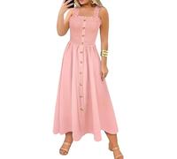 Sommerkleid Damen Lang Gesmoktes Kleid Damen Sommer Strandkleid A Linie Spaghettiträger Kleider mit Knopfleiste Sommerkleider Leicht Und Luftig Maxikleid Elegant Frauen Trägerkleid