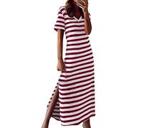 Sommerkleid Damen Lang - Gestreifte T Shirt Kleid Damen Sommer -Maxikleid Damen Kurzarm V Ausschnitt Streifen Lässiges Lockeres Langes Kleider mit Schlitz Shirtkleider Strandkleid Freizeitkleid