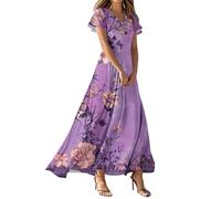 Sommerkleid Damen Lang, Kleid Damen Elegant, Bohemian Blumendruck V-Ausschnitt Kurzarm Maxikleid Loose Swing Lang Kleid High Waist Tunikakleid Casual A-Linie Strandkleid Elegant Freizeitkleid