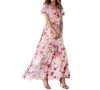 Sommerkleid Damen Lang Kleid Elegant Blumenkleid V Ausschnitt Chiffon Sommerkleider Leicht Und Luftig Strandkleid Flatterärmel Blumen A Linie Kleider Frauen Sommer Partykleid Maxi Schwingen