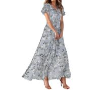 Sommerkleid Damen Lang Kleid Elegant Blumenkleid V Ausschnitt Chiffon Sommerkleider Leicht Und Luftig Strandkleid Flatterärmel Blumen Kleider Frauen Sommer A Linie Maxi Partykleid Schwingen