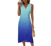 Sommerkleid Damen Lang,Kleid Kurzarm Sommer Abendkleider Elegant Für Hochzeit Gradient V Ausschnitt Ärmellos Wickelkleid Knopf Strandkleid Sommerkleider Casual Midi Länge Kleider(1-Königsblau,XL)