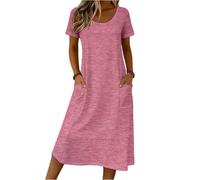Sommerkleid Damen Lang, Kleider Ballkleider Lang Kurzarm Rundhals Shirtkleid Midikleid V Ausschnitt Lockere Strandkleid Wickelkleid Lose A-Linie (1-Rosa, S)