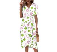 Sommerkleid Damen Lang, Kurzarm V-Ausschnitt Boho Kleidung Lang Blumenmuster Sommerkleider Kleider Tailliert Knopf Partykleid Freizeitkleid A-Linie Casual (1-Hellgrün, L)